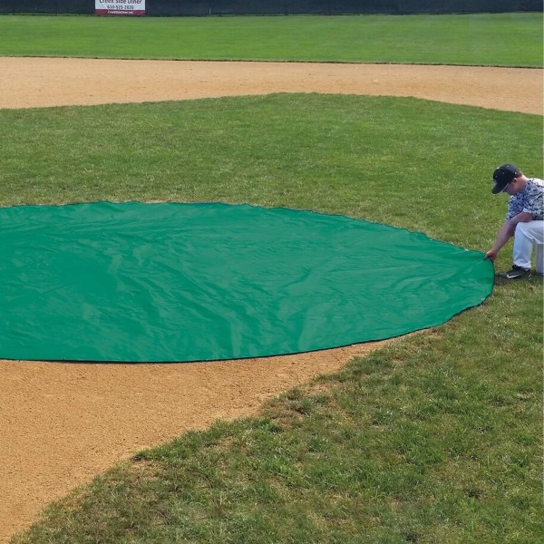 FieldSaver Endurcoat18' Round Rain Spot Cover with Weighted Hem for Little League Home Plate and Base Covers (Reinforced Polyethylene) Green/White